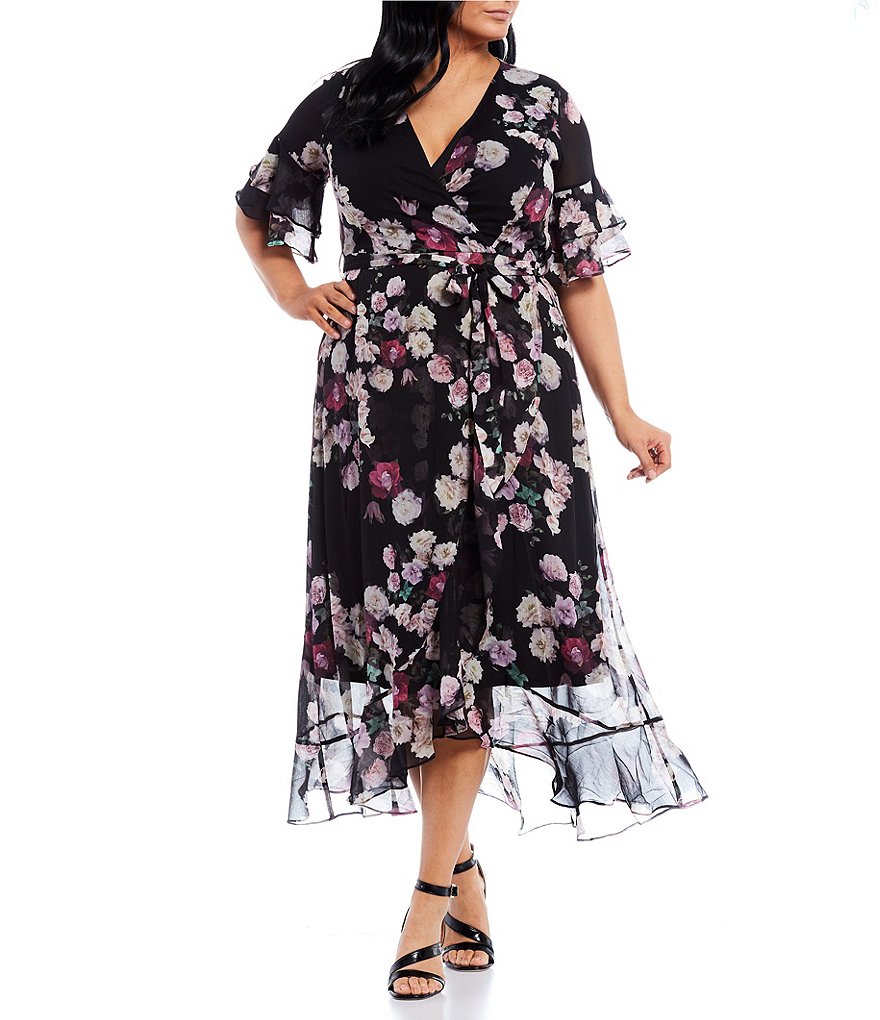 City Chic Plus Size Amore Flora Print Ruffle Sleeve Faux-Wrap Maxi Dress