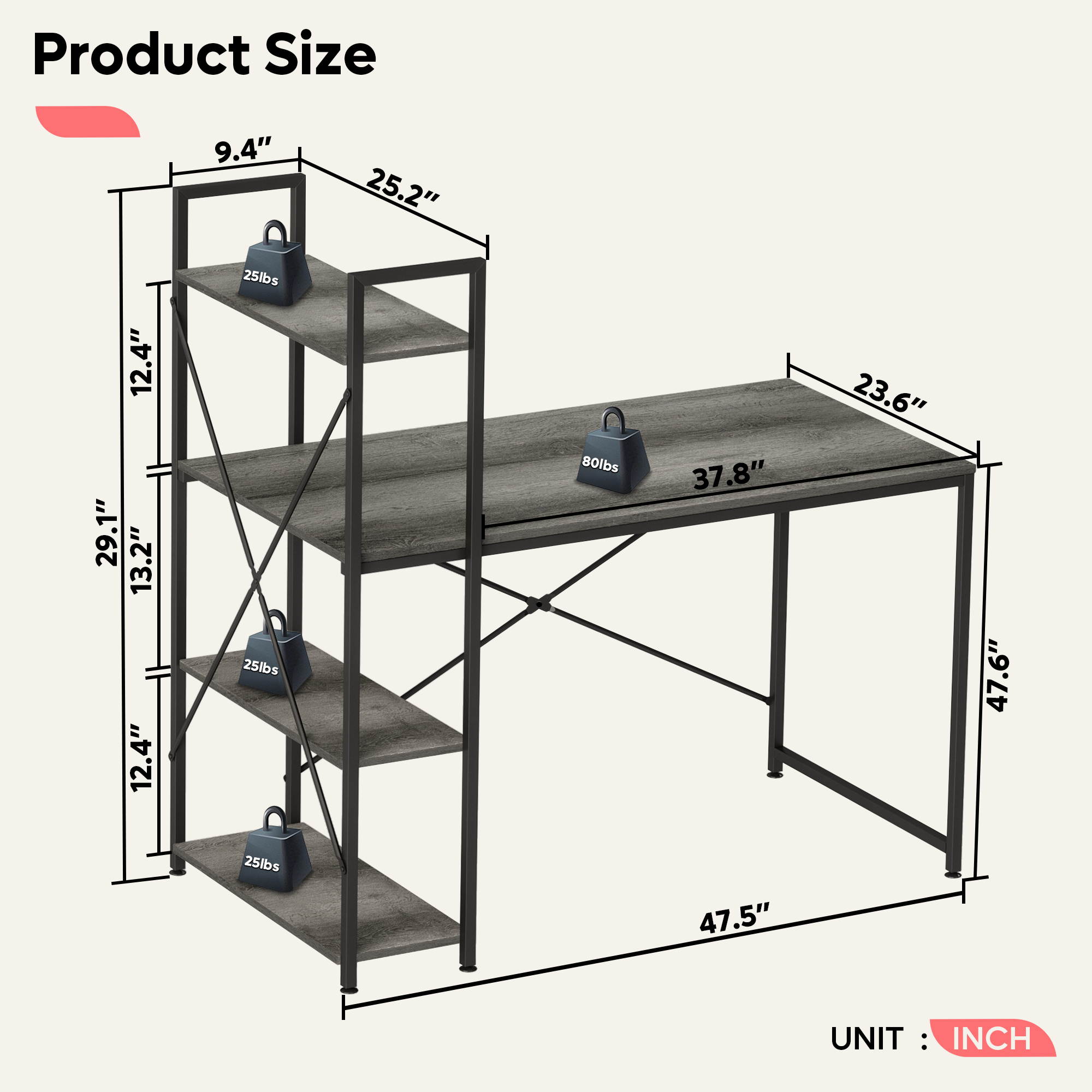 Bestier 63 Inch Computer Desk with Storage Shelves, Modern Bookshelf Desk with Headphone Hook Large Workstation Writing Desk with Reversible Bookshelves Home Office Work Table Study Desk Grey