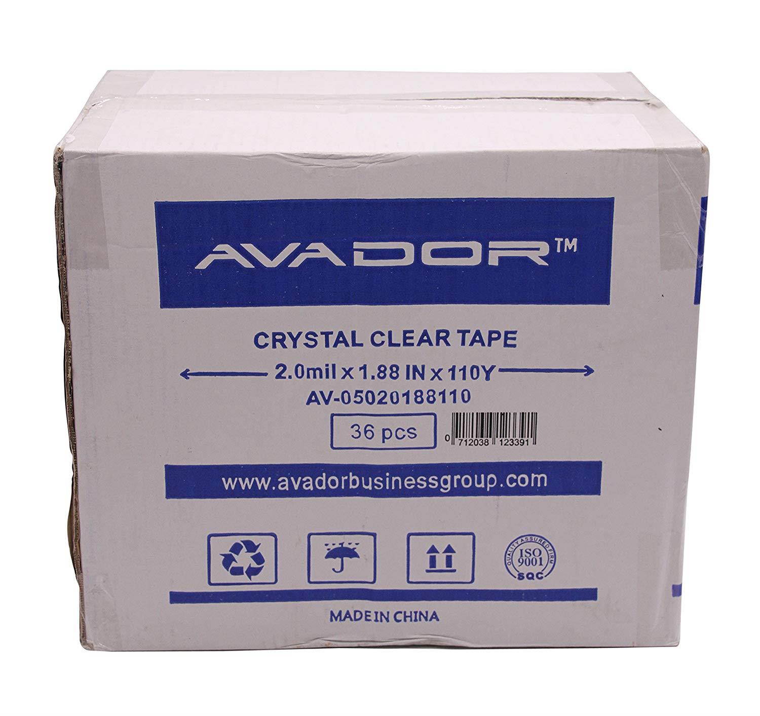 AVADOR Crystal Clear High Performance Heavy Duty Packaging Tape Water Base 2.0 Mil Thick 1.88" Wide 110yd Length (Pack of 36)