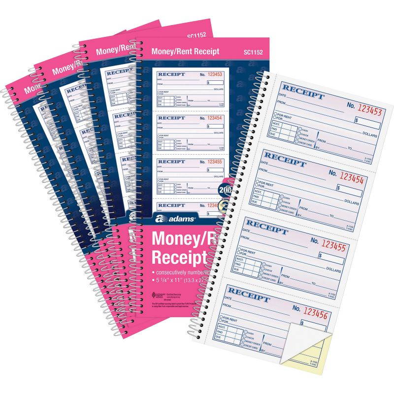 Adams Money Receipt Book Spiral 2-Part 7-5/8"x11" 1000/PK WE/CA SC1152PK