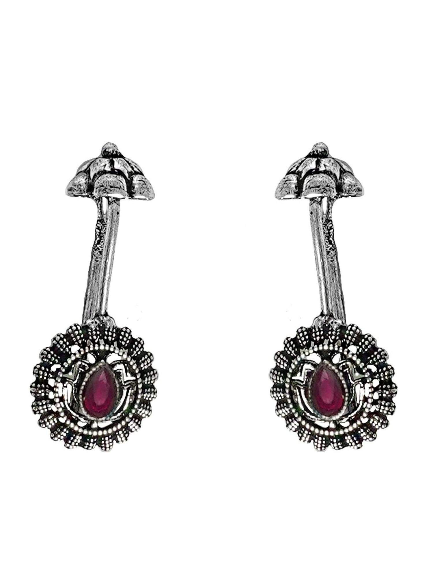 Teejh Ethnic Nitara Red Stone Silver Oxidized Ear Cuff Earrings
