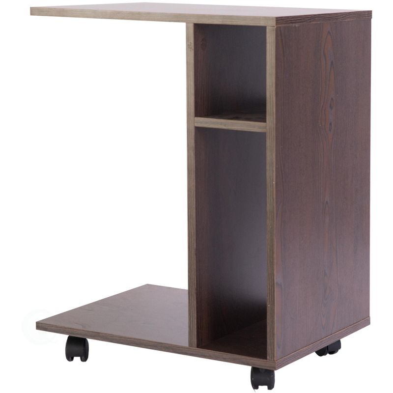 Basicwise Modern Sofa Side Table with Shelves and Casters, Brown
