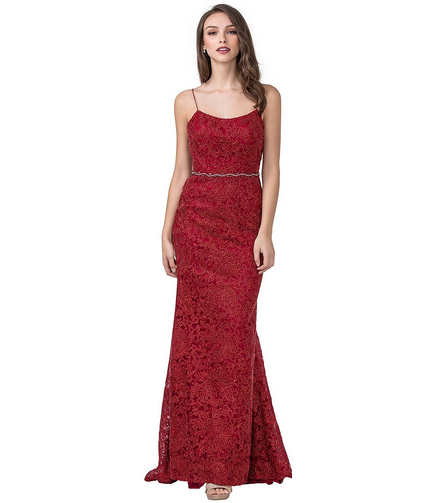 Coya Collection Spaghetti Strap Square-Neck Chemical Lace Long Dress