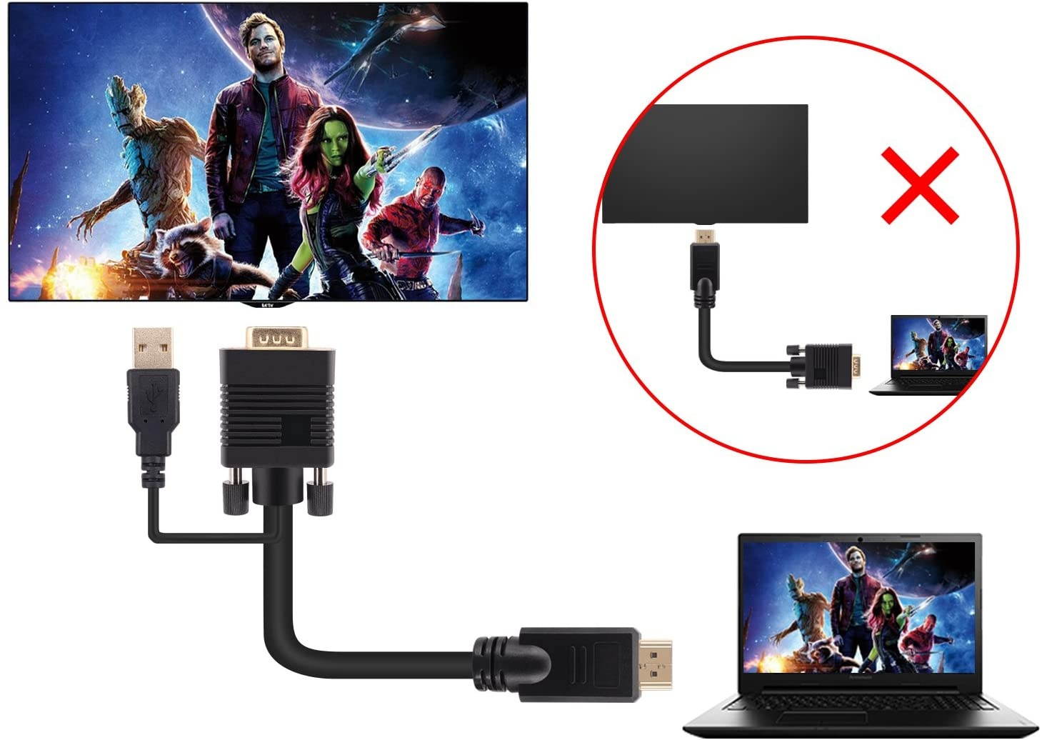 cables direct online 15ft svga + audio monitor cable, male to male 1080p super vga display cord for pc projector laptop tv