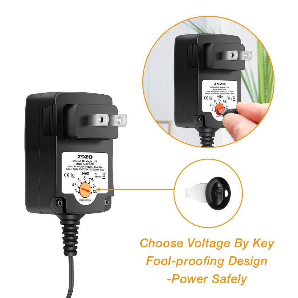 ZOZO 12W 3V 4.5V 5V 6V 7.5V 9V 12V Regulated Multi Voltage Switching Replacement Power AC Adapter for Household Electronics Routers Speakers CCTV Cameras Smart Phone USB Charging Devices