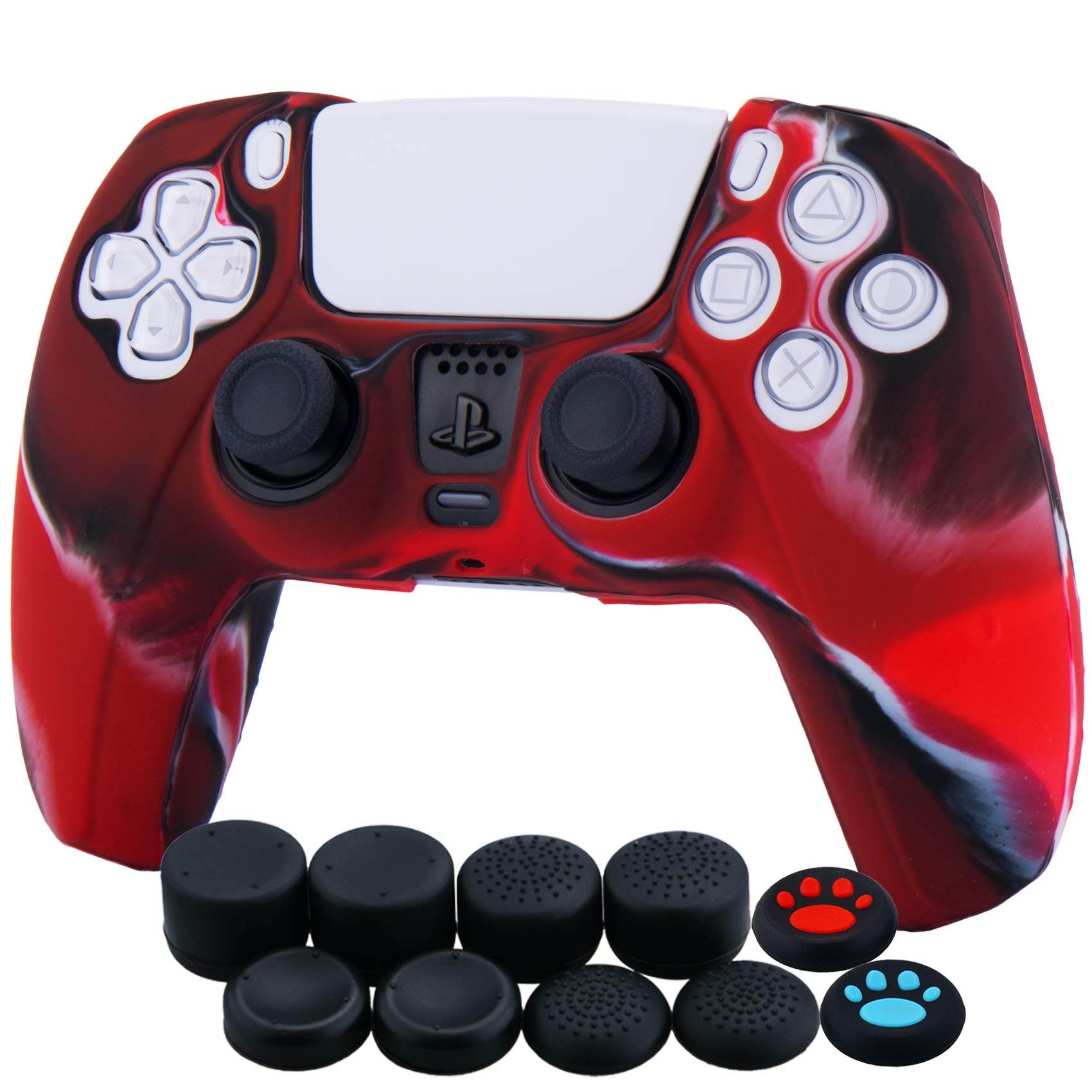Silicone Cover Skin Case for Sony PS5 Dualsense Controller x 1(Camouflage Red) with Thumb Grips x 10