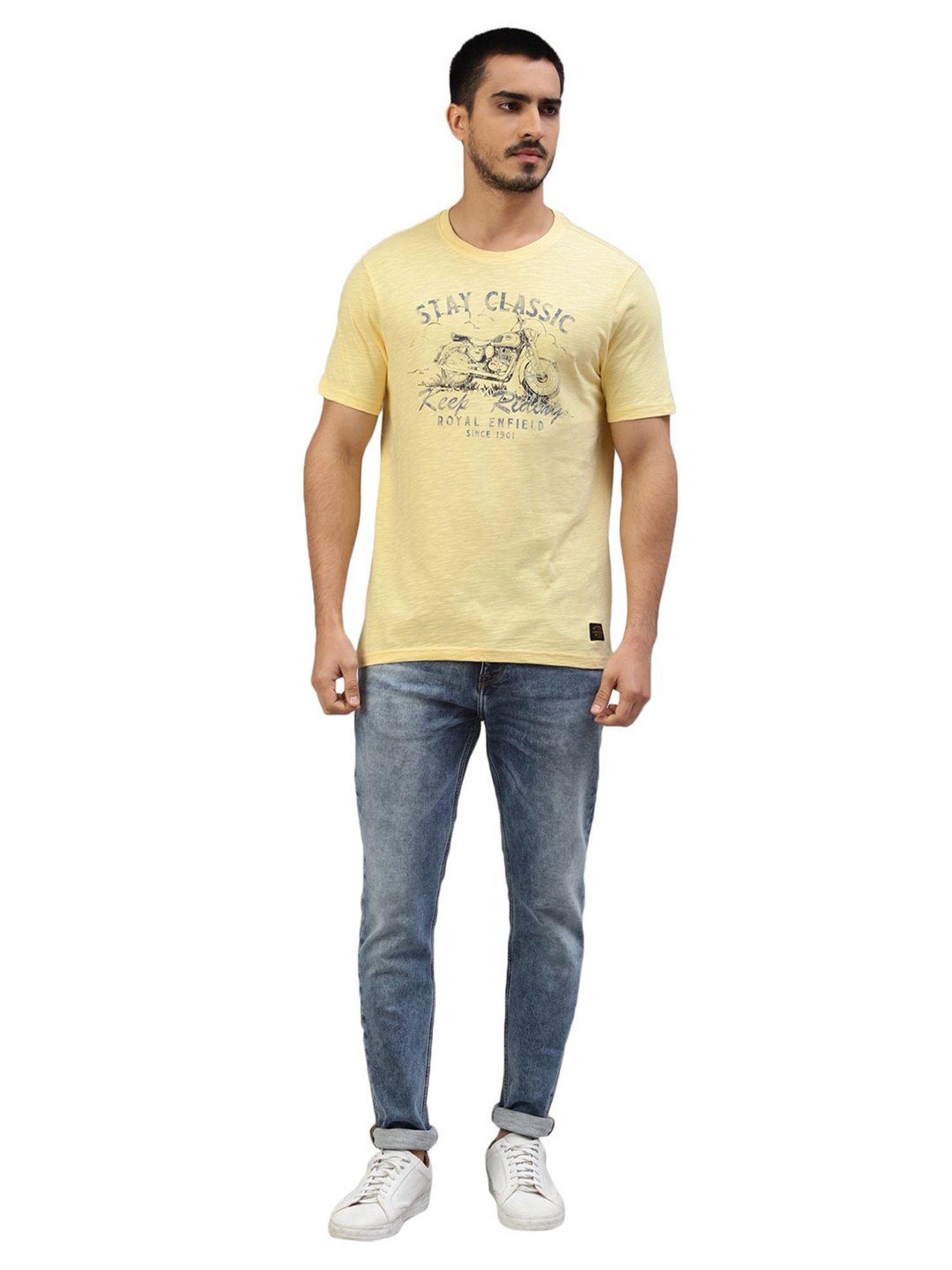 Royal Enfield Ride On Light Yellow Regular Fit Printed Crew T-Shirt