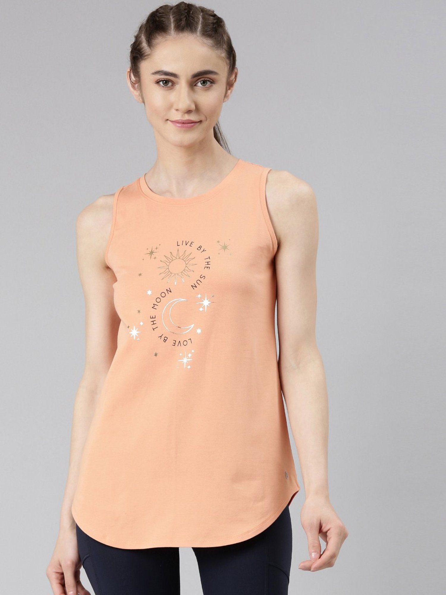 Enamor Orange Cotton Graphic Print Tank Top