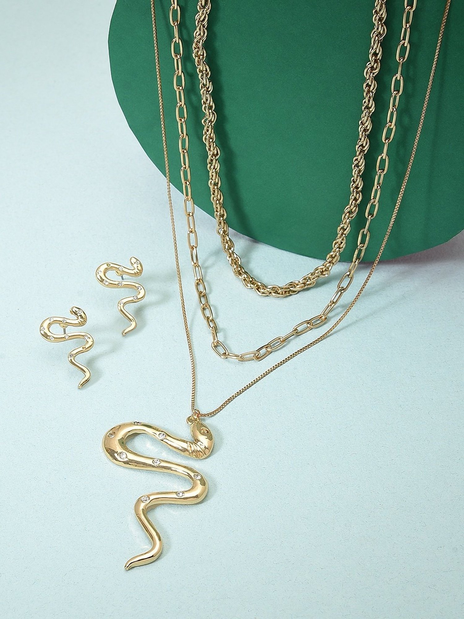 Zaveri Pearls Gold Tone 3 Layers Contemporary Snake Design Chain & Necklace & Earring Set