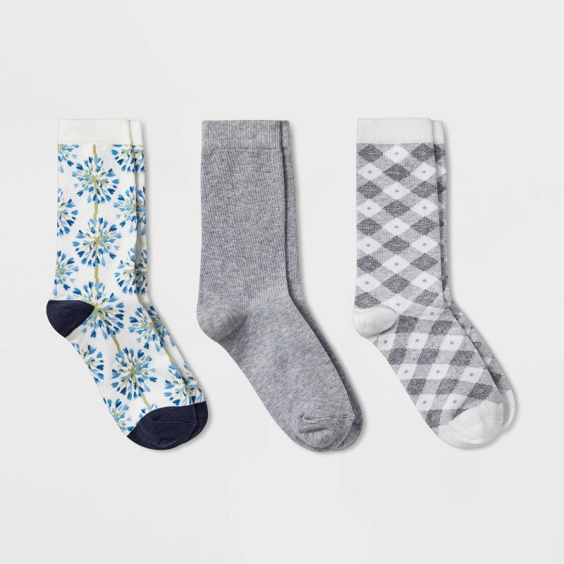 Women's Floral 3pk Crew Socks - A New Day™ Blue 4-10