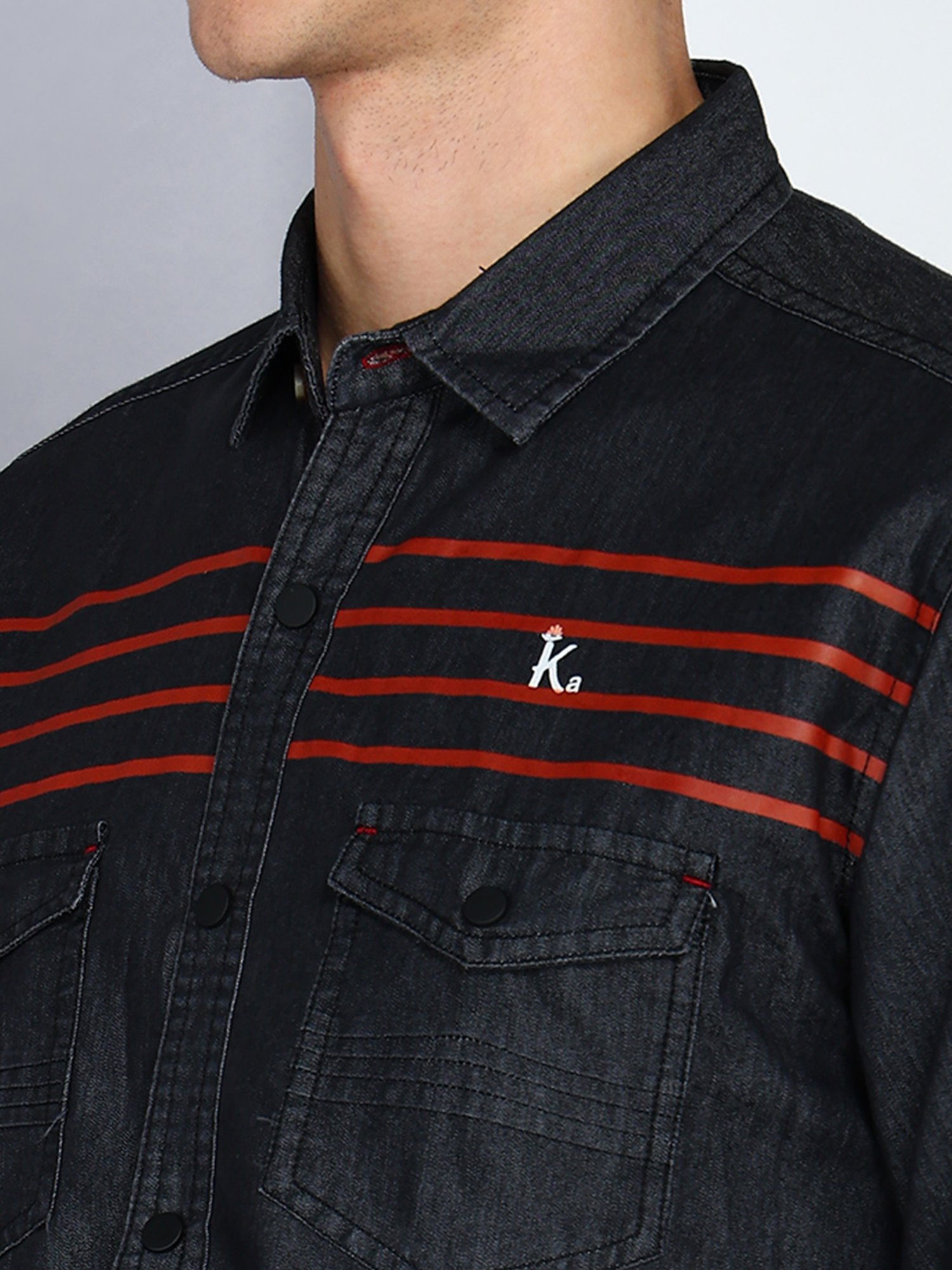 Kuons Avenue Charcoal Slim Fit Striped Denim Shirt