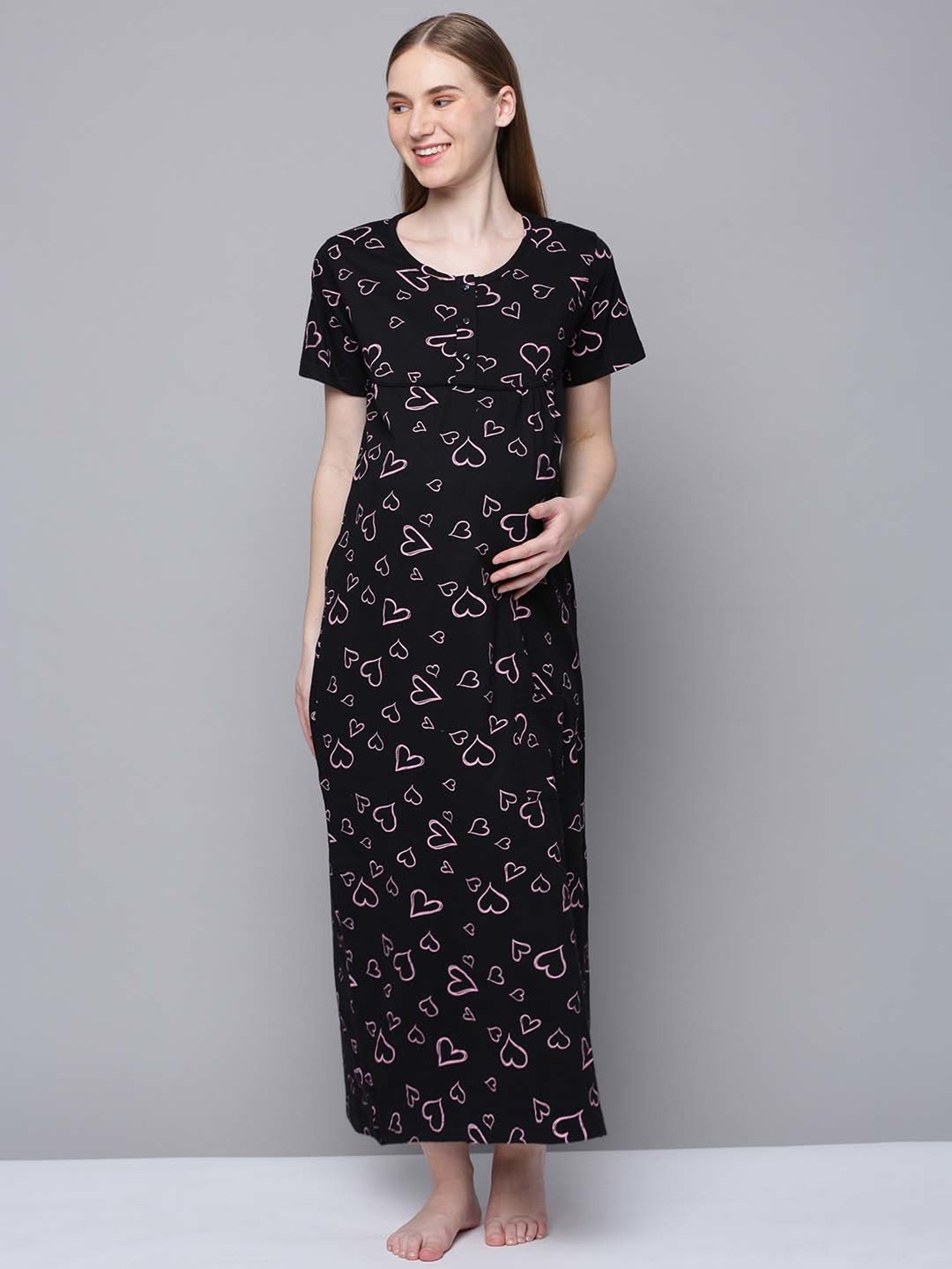 Kryptic Black Cotton Printed Maternity Nightdress