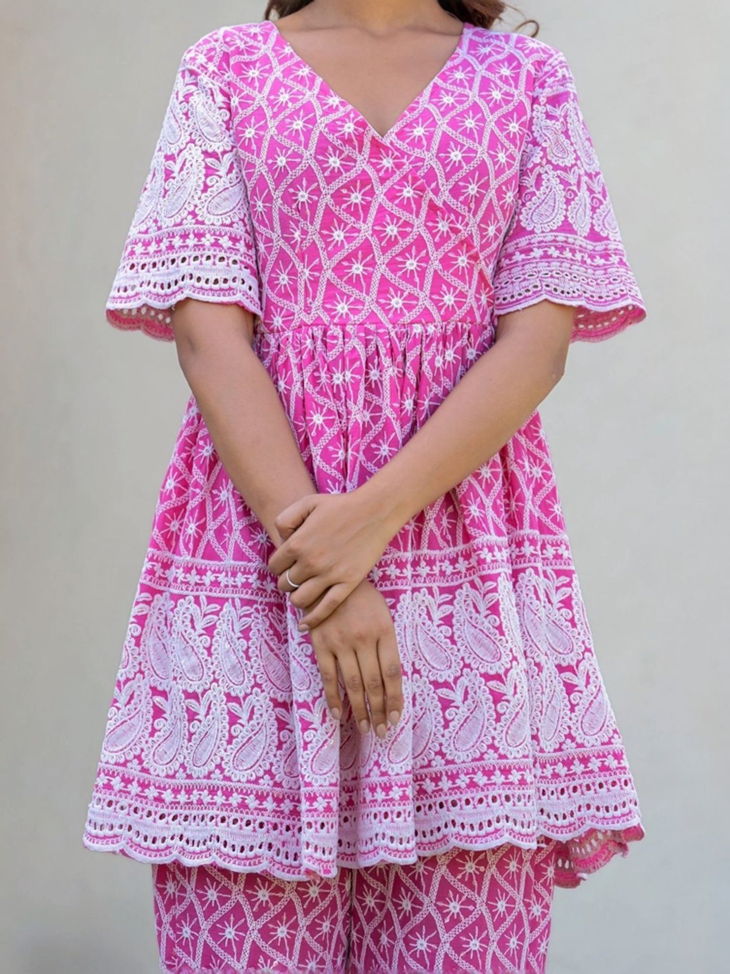 HOUSE OF JAMOTI Pink Cotton Embroidered Tunic Pant Set