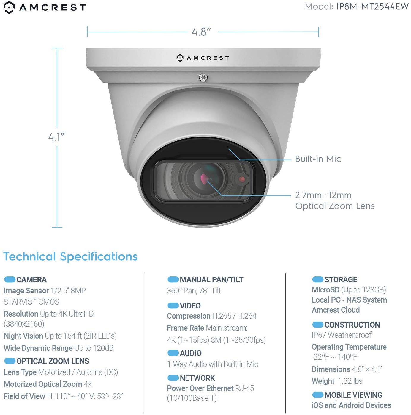 Amcrest 4K Optical Zoom IP Camera, Motorized Lens, 8MP Outdoor POE Camera Dome, 4X Optical Zoom Security Camera Turret, 2.7mm~12mm Lens, IP67 IK10 Vandal Resistant, MicroSD Recording, (IP8M-MT2544EW)