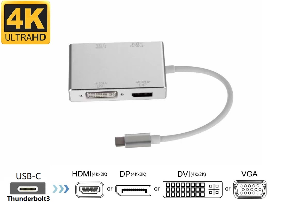 Type-C to HDMI + VGA + DVI + DP Video HUB for Dual Display, 4 in 1 USB-C HUB, Thunderbolt 3 Compatible, Support 4K UHD Video Output for New MacBook, ChromeBook connected TV, Monitor and Projector.