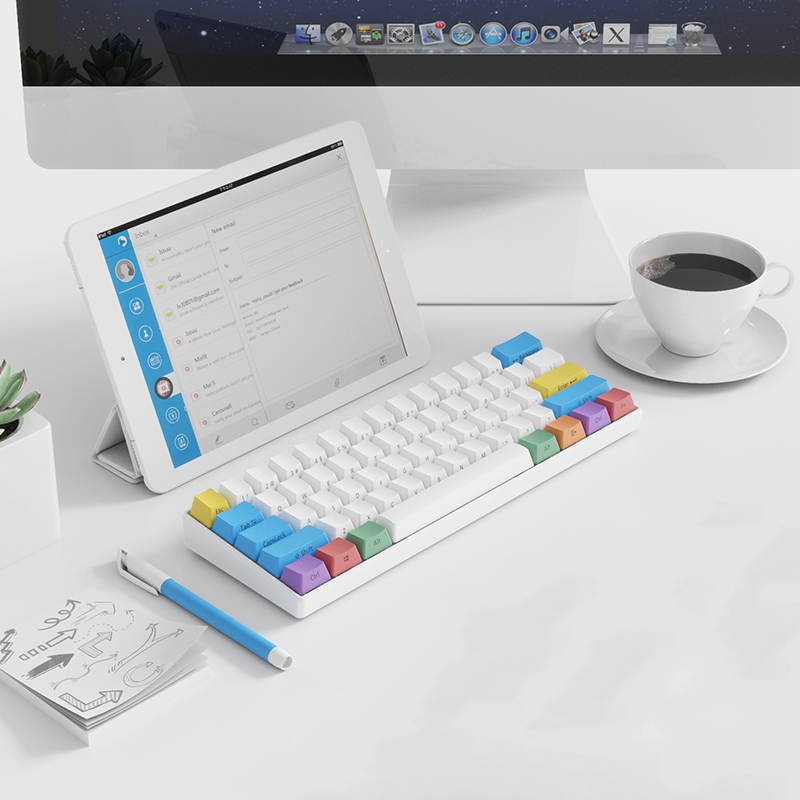 A-jazz AK61 Bluetooth Wireless and  USB Wired Dual Connectivity Mechanical Gaming Keyboard, Durable ABSKeycaps, White Backlit -Blue Switch( White )