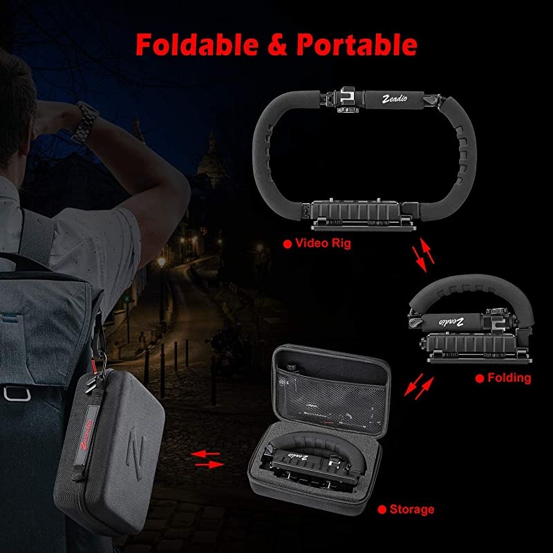 Camera Smartphone Stabilizer Foldable Handle Grip Handheld Video Rig with Carrying Case Compatibility with All GoPro Camera Camcorder DSLR Cell Phone iPhone Huawei Samsung etc