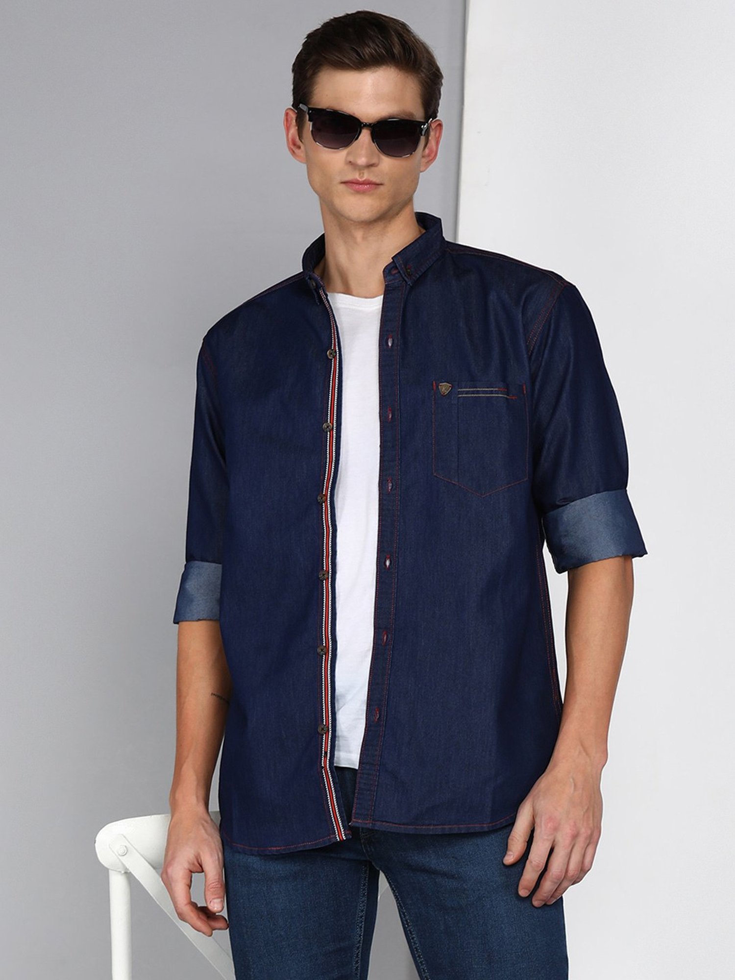Kuons Avenue Dark Blue Slim Fit Denim Shirt