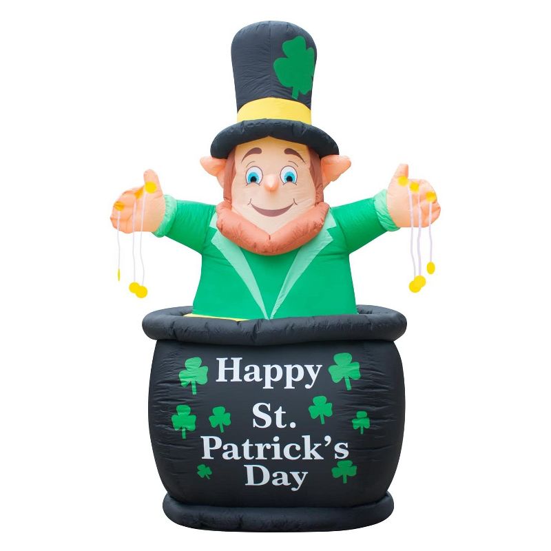 Holidayana 9 Foot Tall Inflatable St Patricks Day LED Pot of Gold Leprechaun Yard Decoration with Blower Fan, Tie Down Straps, Ground Anchor Stakes
