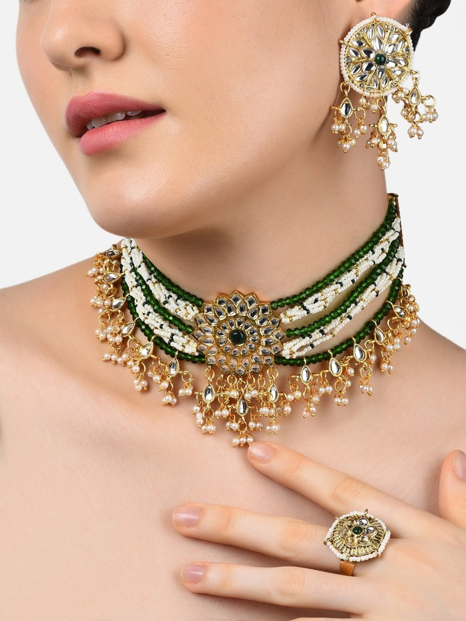 Zaveri Pearls Green Crystals Beaded Traditional Kundan Choker Necklace Earring & Ring Set-ZPFK11065