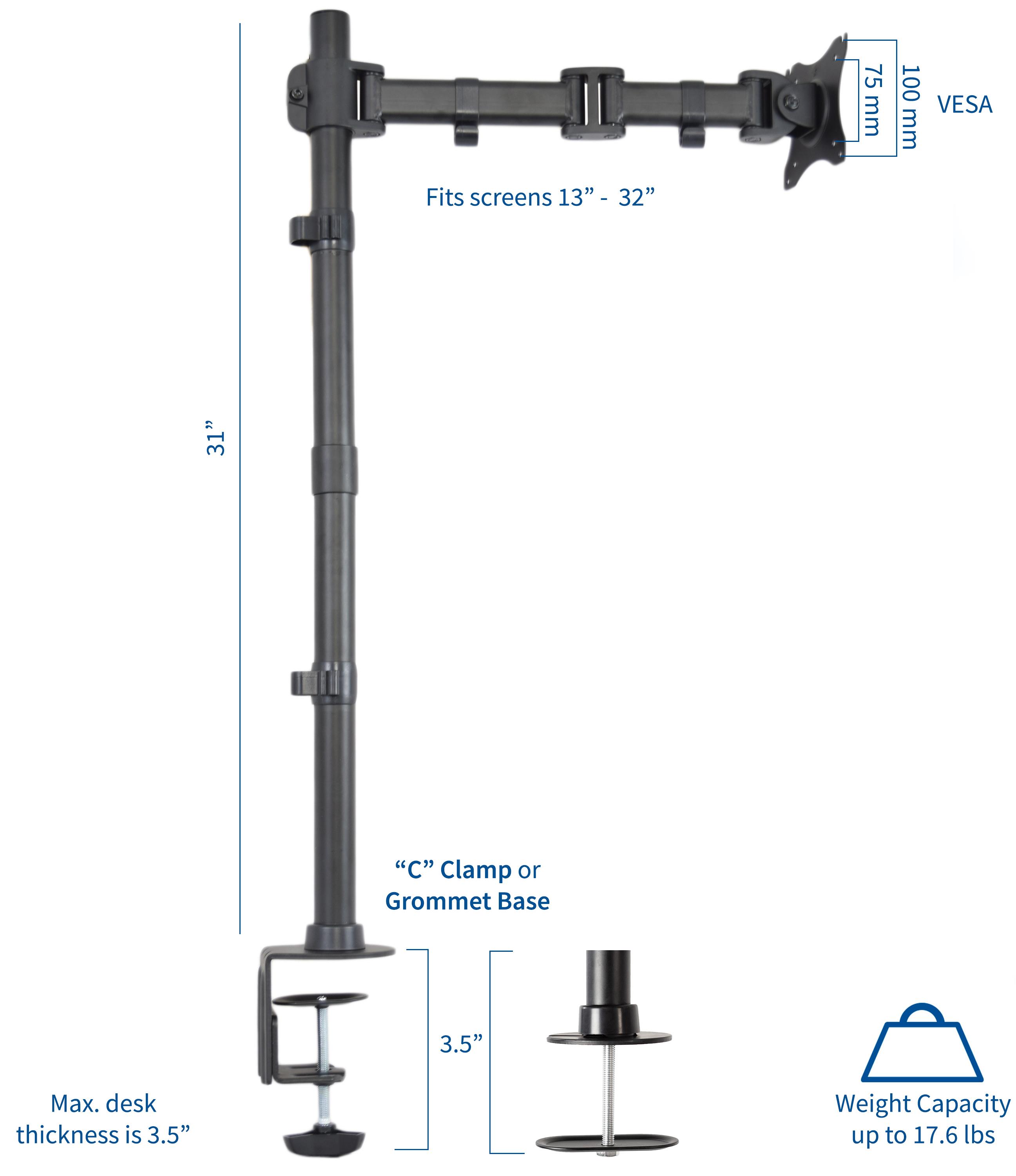 VIVO Single Monitor Desk Mount Extra Tall Fully Adjustable Stand for up to 32" Screen (STAND-V001T)