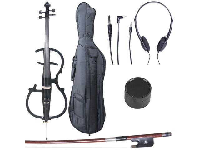 Cecilio CECO-2BK Full Size 4/4 Ebony Electric Silent Metallic Black Cello in Style 2 +Soft Case, Bow & Accessories