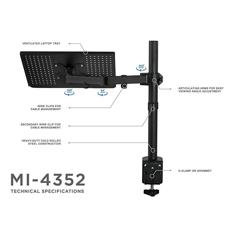 Laptop Desk Stand Mount | Articulating Vented Laptop Tray Mount | Fully Adjustable Laptop Arm Mount | Single Laptop Desk Extension with C-Clamp | Heavy-Duty Laptop Desk Stand (MI-4352LT)