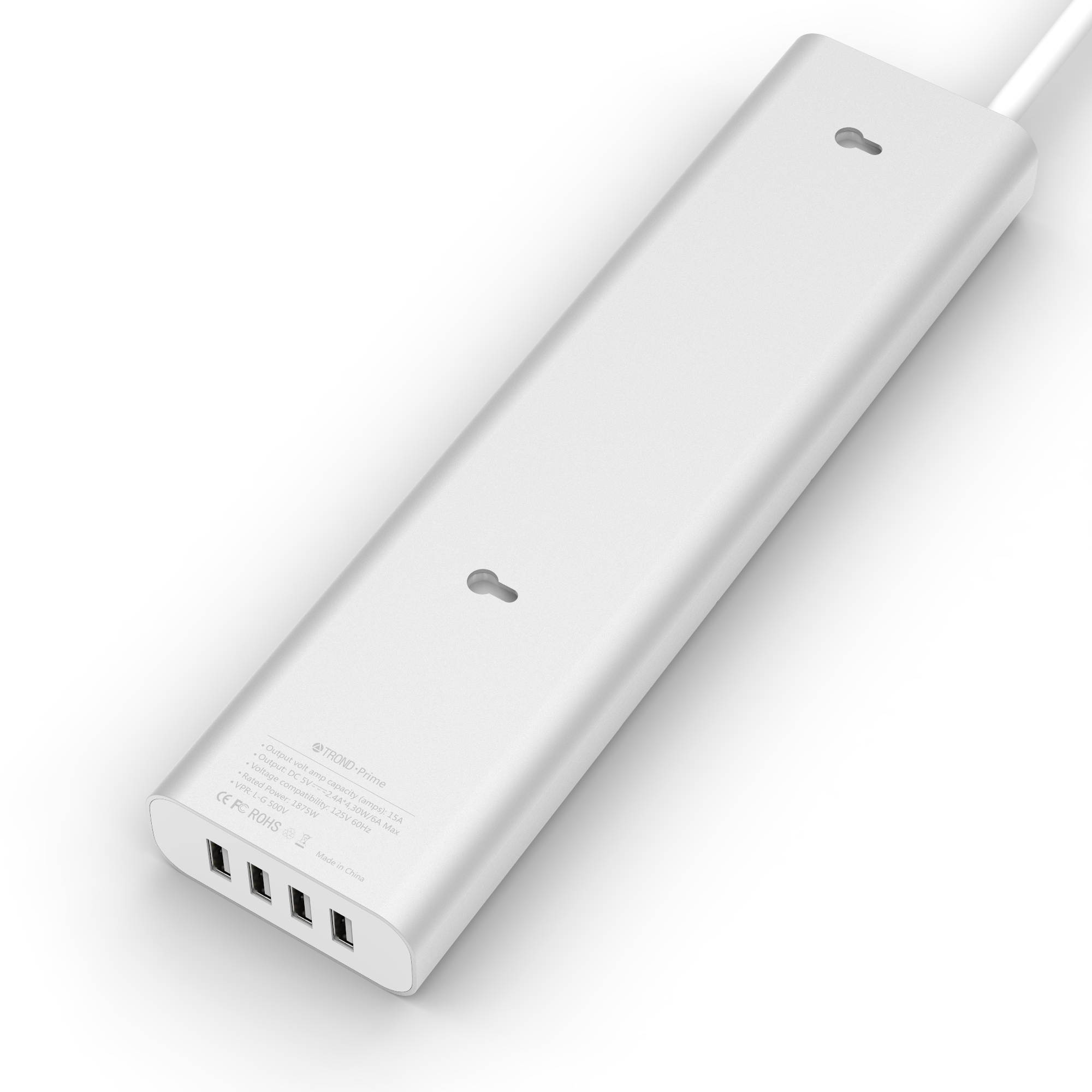 [Apple-Style] TROND&reg; Prime 4-Outlet Home / Office Power Strip with USB Smart Charger (4-Port, 30W/6A) and 5 Feet Power Cord, Made of Fire-Proof PC & Aluminum