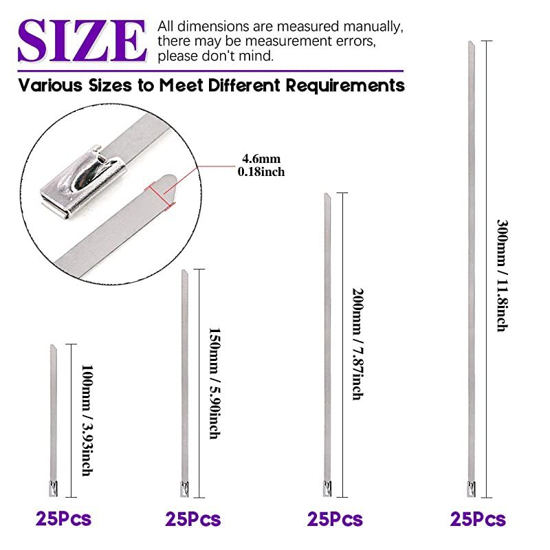 100Pcs 4 Sizes Stainless Steel Exhaust Strap Wrap Coated Locking Cable Zip Ties Perfect for Automotive Parts, Home, Computer Repair - 4&ldquo;, 5.9", 8",11.8"