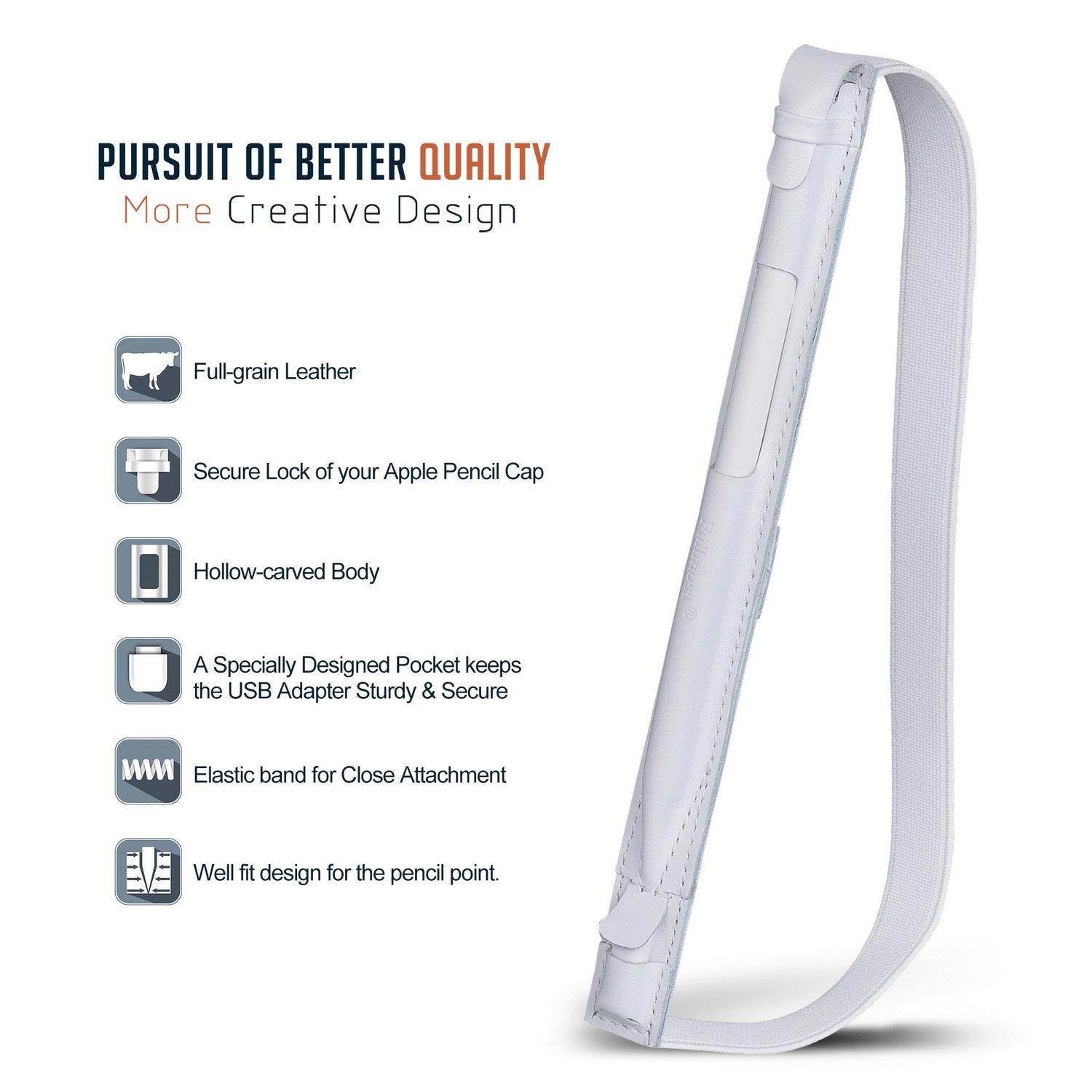 Fullmosa 4 Colors for Apple Pencil Holder, Genuine Litchi Texture Leather Apple Pencil Sleeve with USB pocket Handmade Compatible with iPad Pro 9.7& iPad Pro 10.5" Cases, White