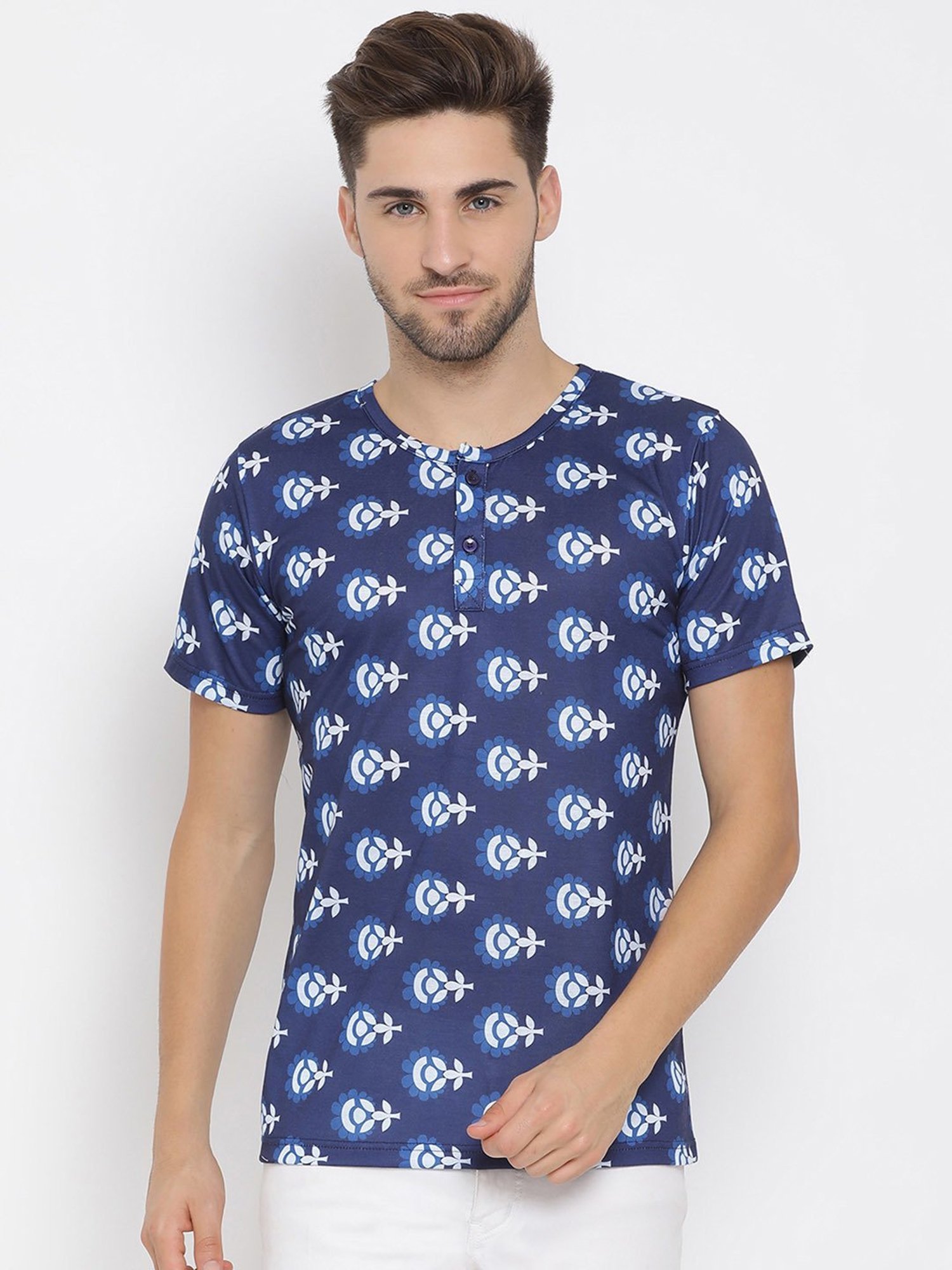 Hangup Plus Blue Regular Fit Printed Henley T-Shirt