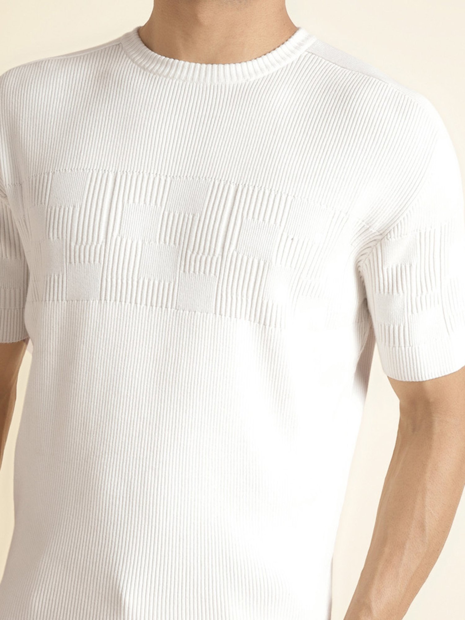 ANDAMEN Off White Regular Fit Self Design Cotton Crew T-Shirt