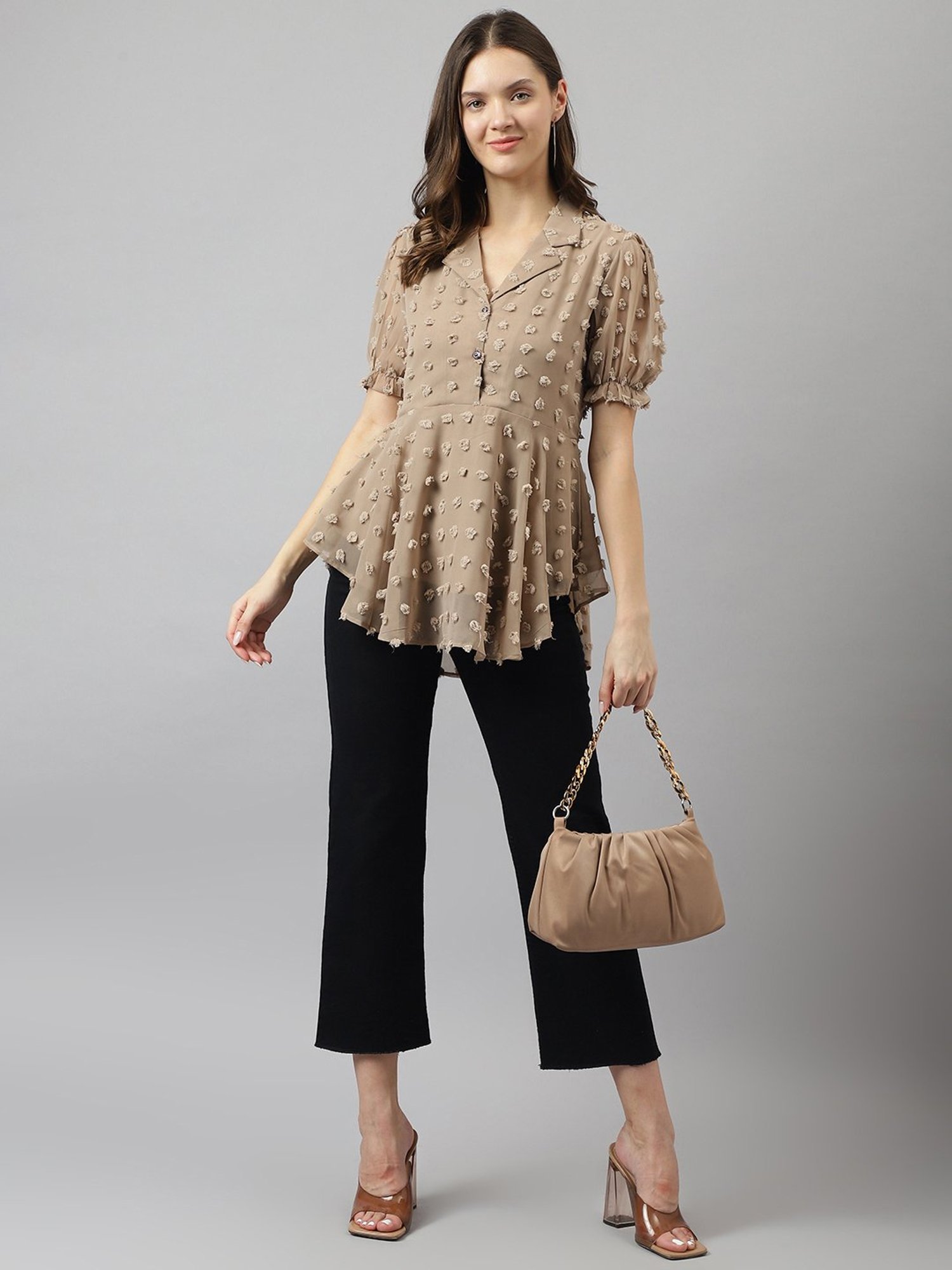 KERI PERRY Beige Self Design Top