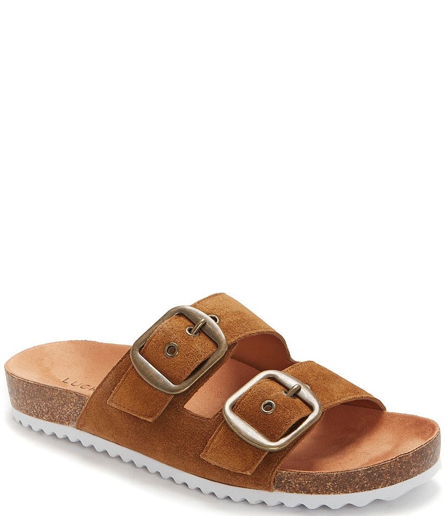Lucky Brand Mella Leather Double Strap Footbed Slides