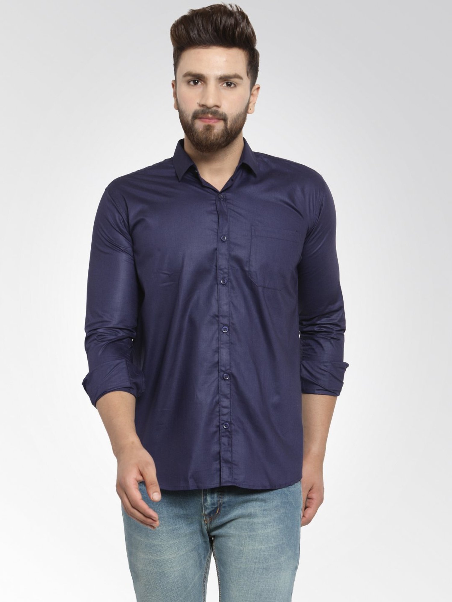 Jainish Navy Cotton Regular Fit Shirt