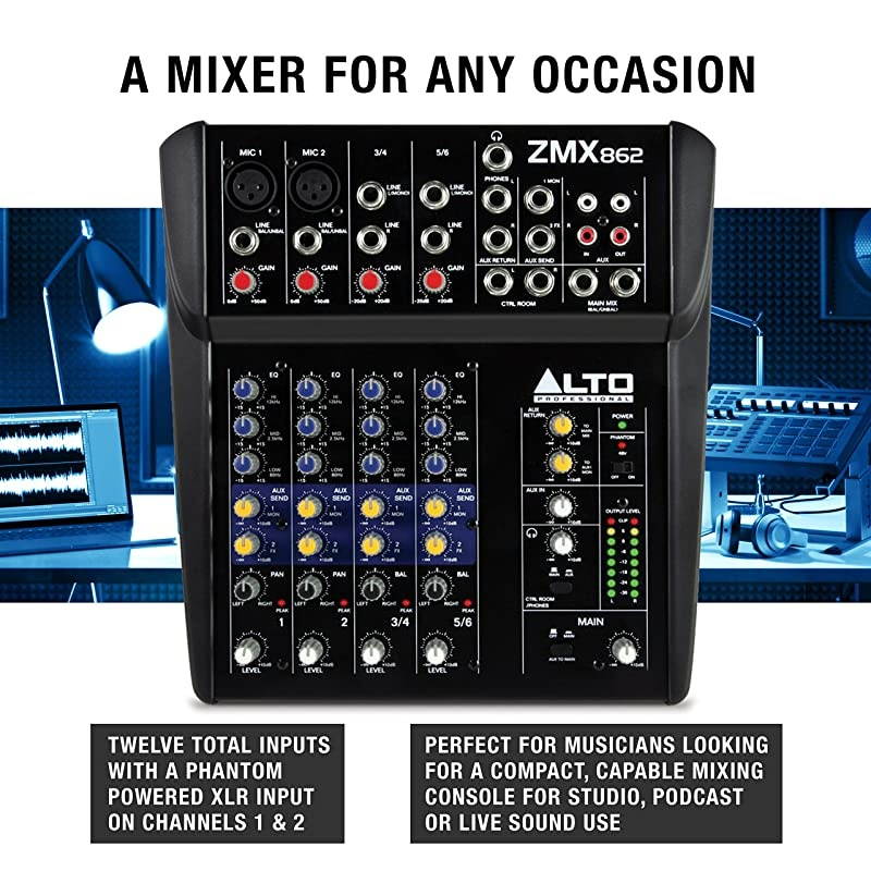 ZMX862 | Studio Quality 6 Channel Compact Audio Mixing Desk with Two XLR Microphone Inputs, Two Stereo Inputs and Two Aux Outputs