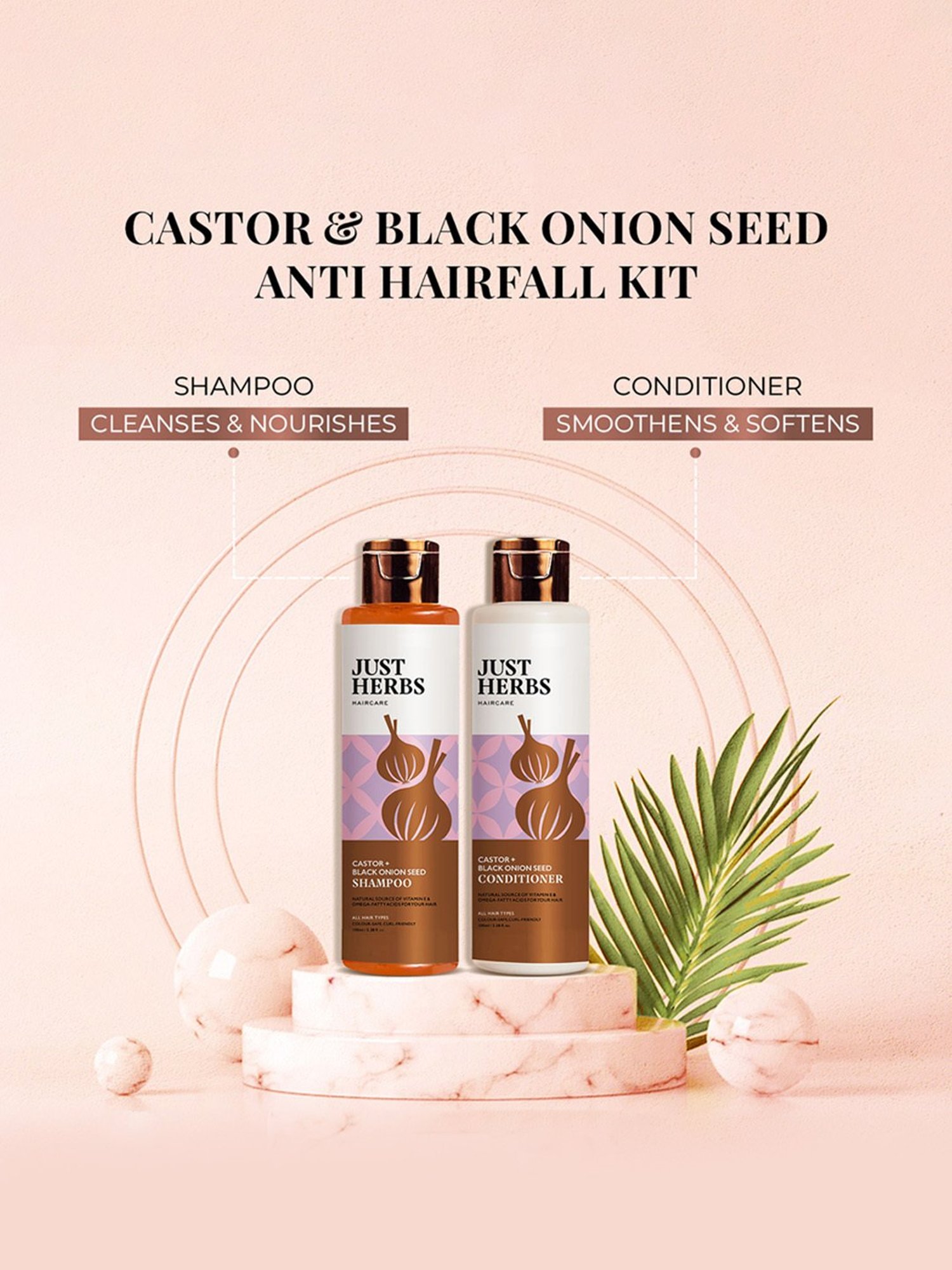 JUST HERBS Castor + Black Onion Seed Anti Hairfall Control Kit, Pack of 2