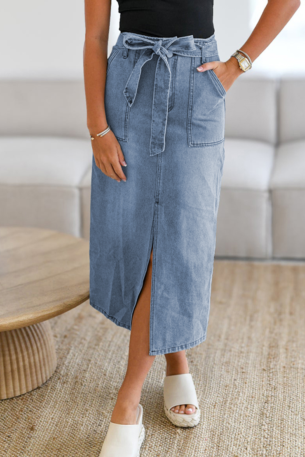 Dusk Blue Light Washed Belted High Waist Denim Skirt