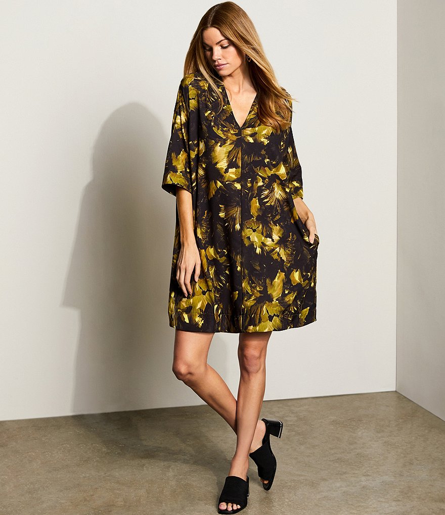 Bryn Walker Bingley Fall Floral Print V-Neck Drop Shoulder Short Elbow Sleeve Shift Dress
