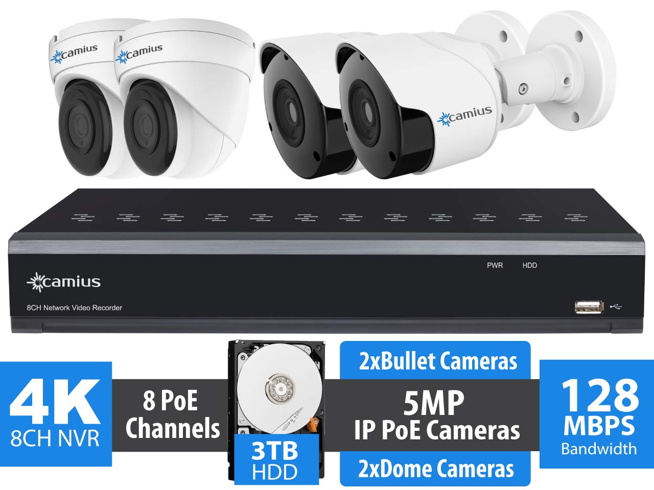Camius 4K 8 Channel NVR System with 3TB HDD, 4 Wired PoE 5MP IP Dome, Bullet Cameras, wide-angle view, indoor-outdoor, Night vision, Motion, Sound detection, Free app, Software for PC, Mac - 8P2B2I3T