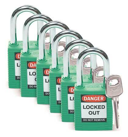 Lockout Padlock, Fiberglass, Green, PK 6