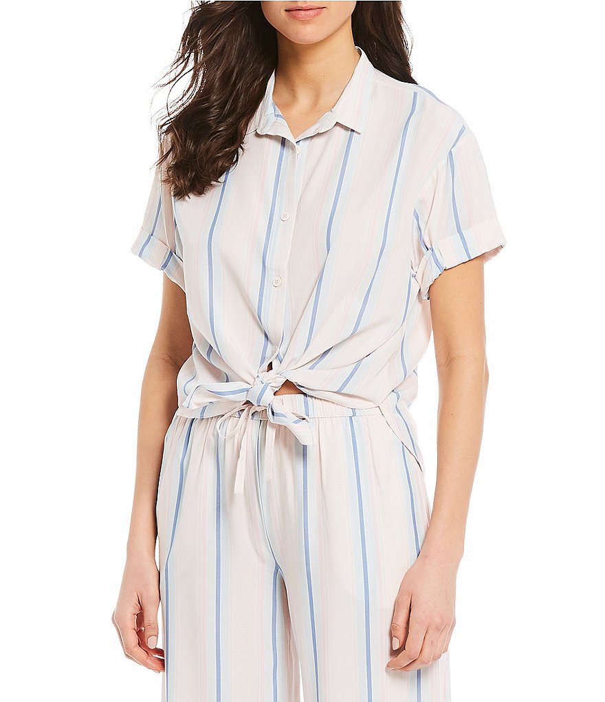 Jasmine & Ginger Striped Print Woven Tie Front Sleep Top