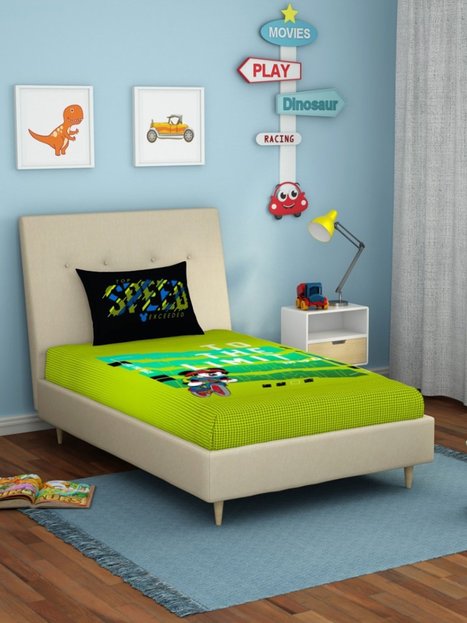 Spaces Character based Green 180 TC Cotton Single Bed Sheet with 1 Pillow Cover