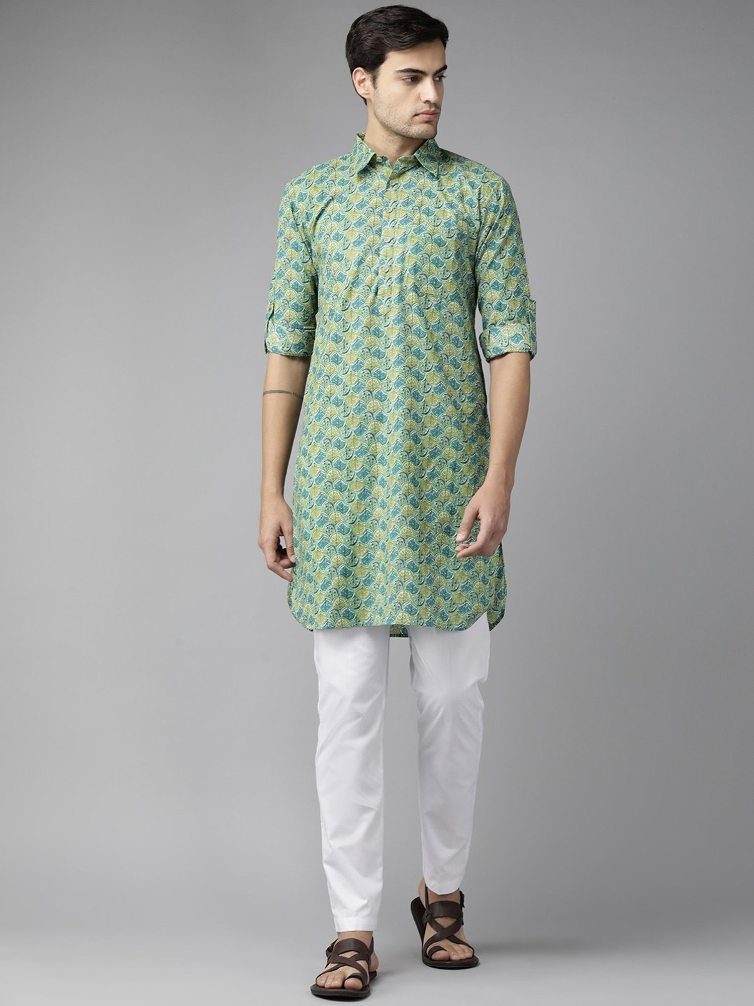 See Designs Green & White Cotton Regular Fit Printed Kurta Bottom Set