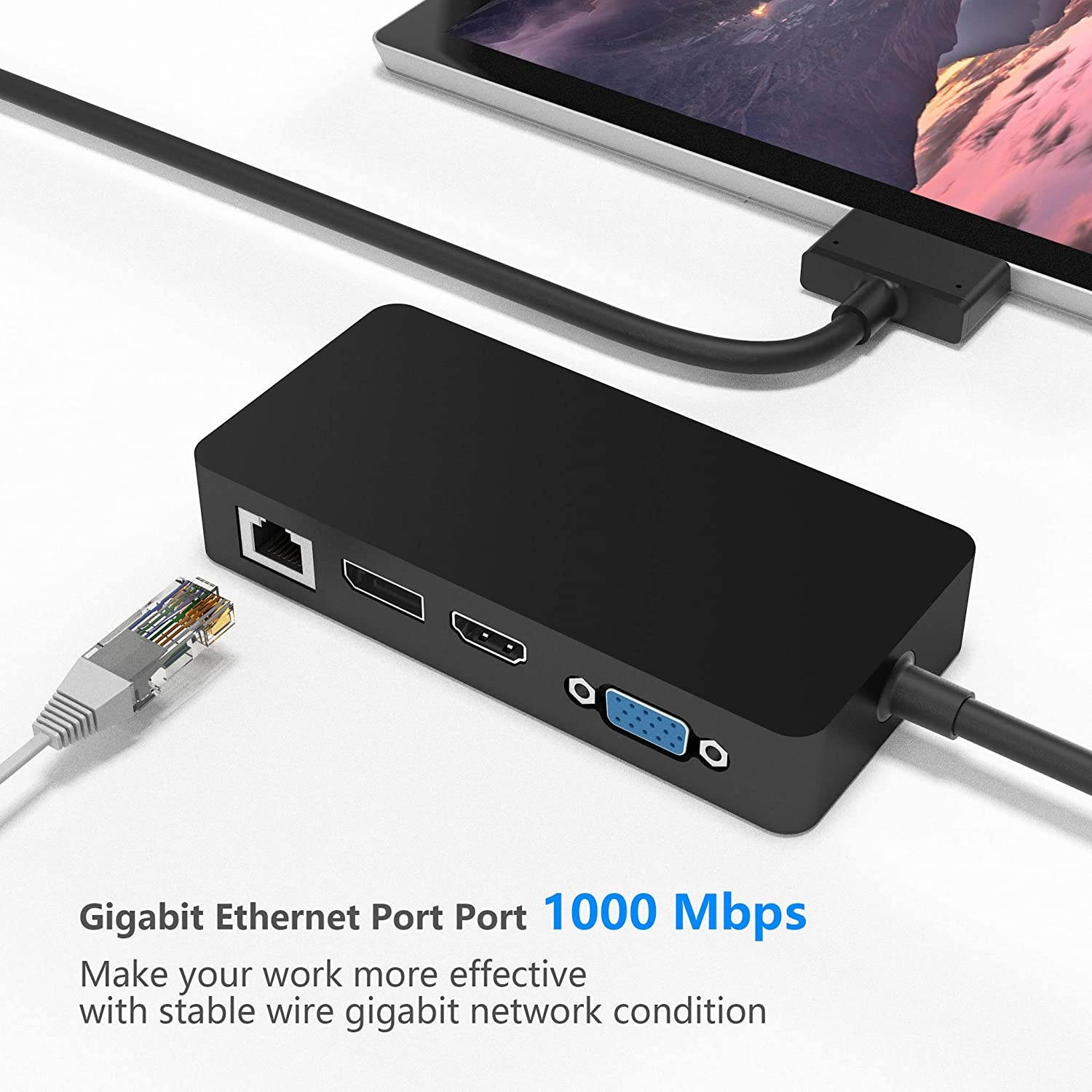 Surface Pro Dock for Surface Pro 4/5/6 Docking Station with HDMI, VGA, DP, RJ-45 Gigabit Ethernet Port, 3X USB 3.0 Ports, USB C Sync Port, Audio Out Port, SD/TF Card Reader, Micro USB Port