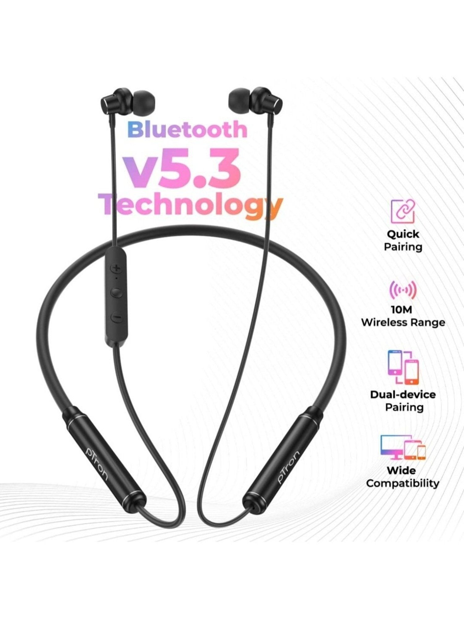 PTron Tangent Urban with 60 Hours Playtime, Wireless Bluetooth 5.3 Neckband, Type-C Charging (Black)