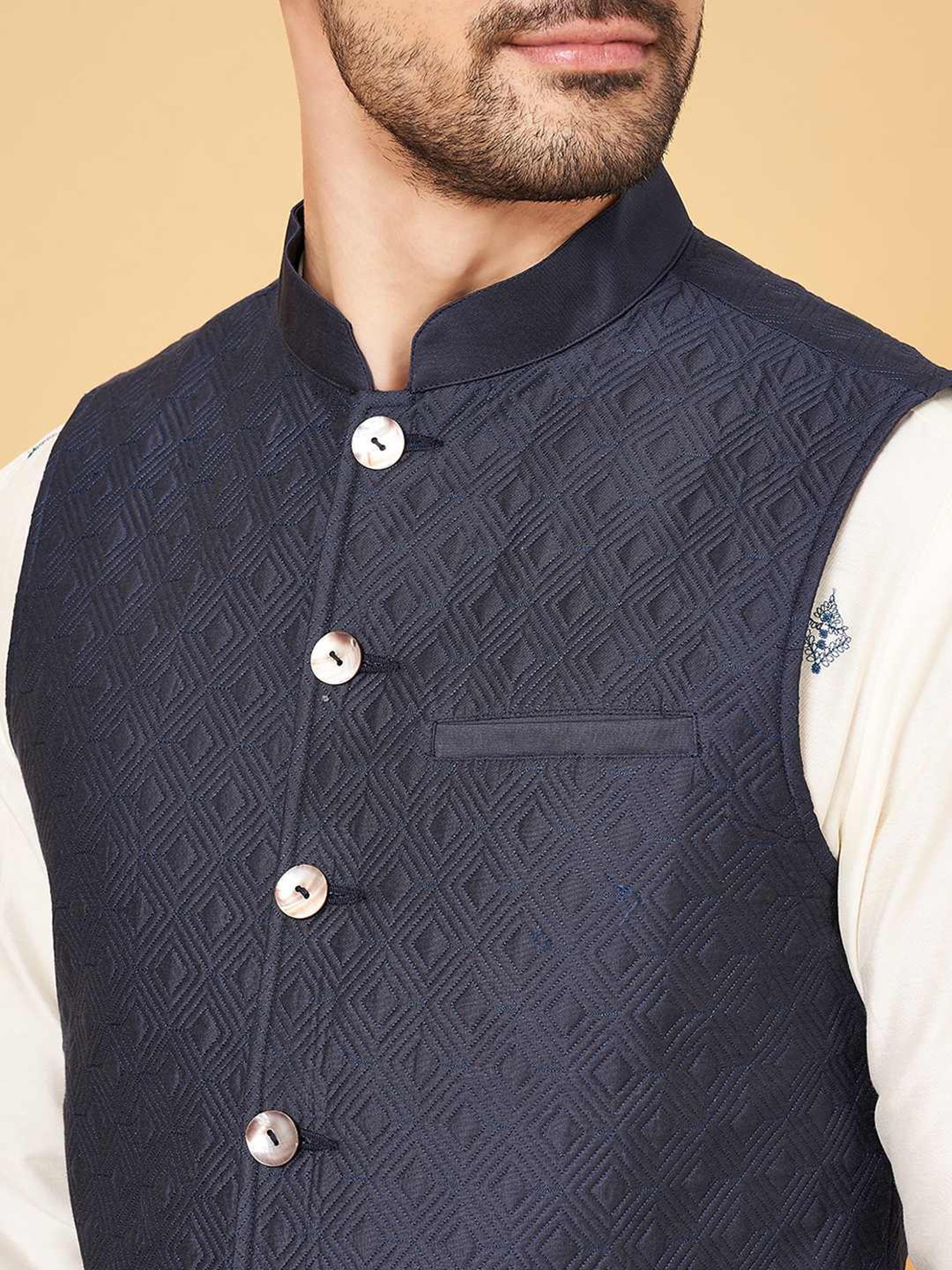 Indus Route By Pantaloons Navy Regular Fit Self Pattern Nehru Jacket