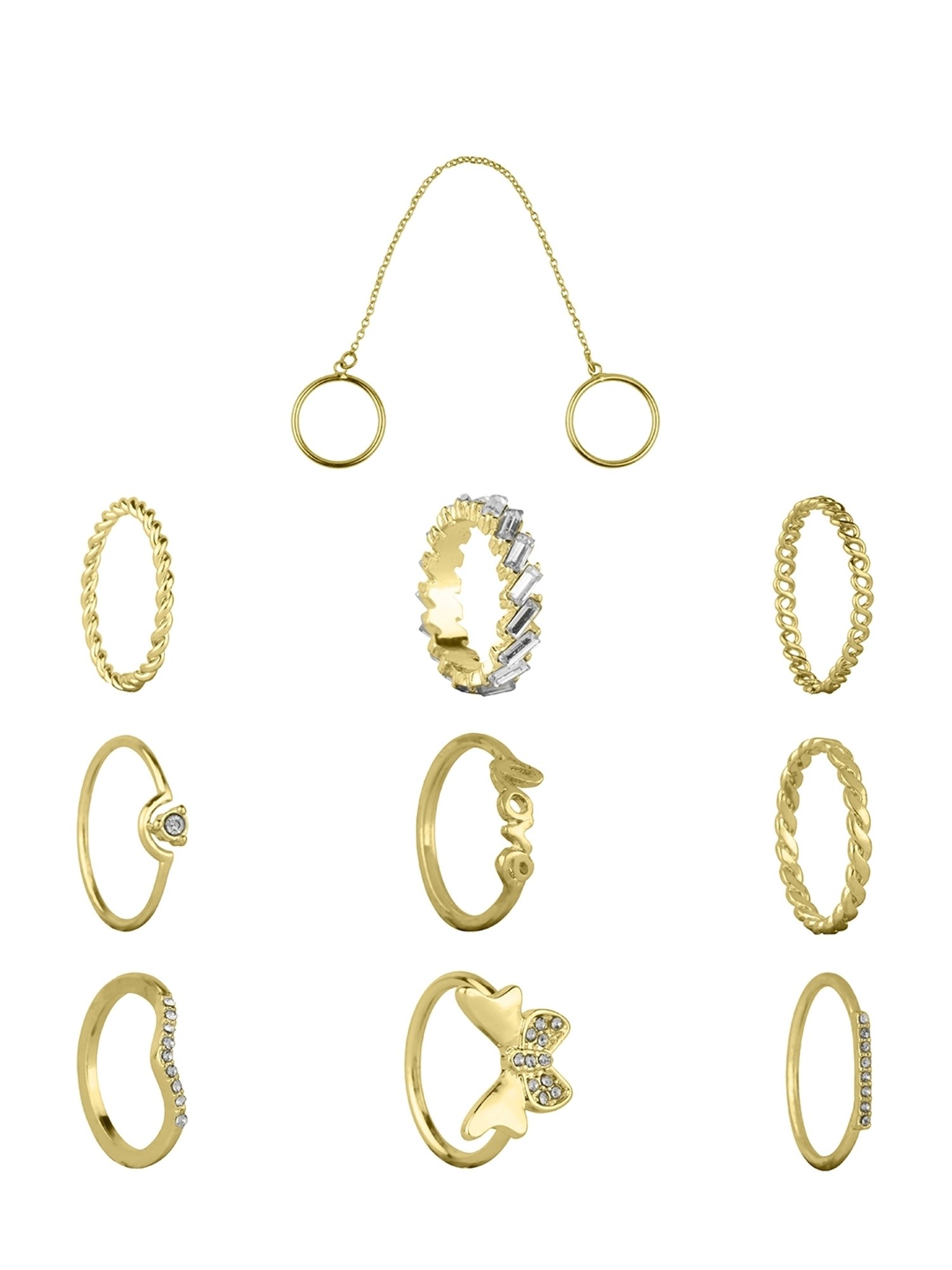 Lilly & Sparkle Gold Toned Crystal Studded and Chain Rings - Set of 10