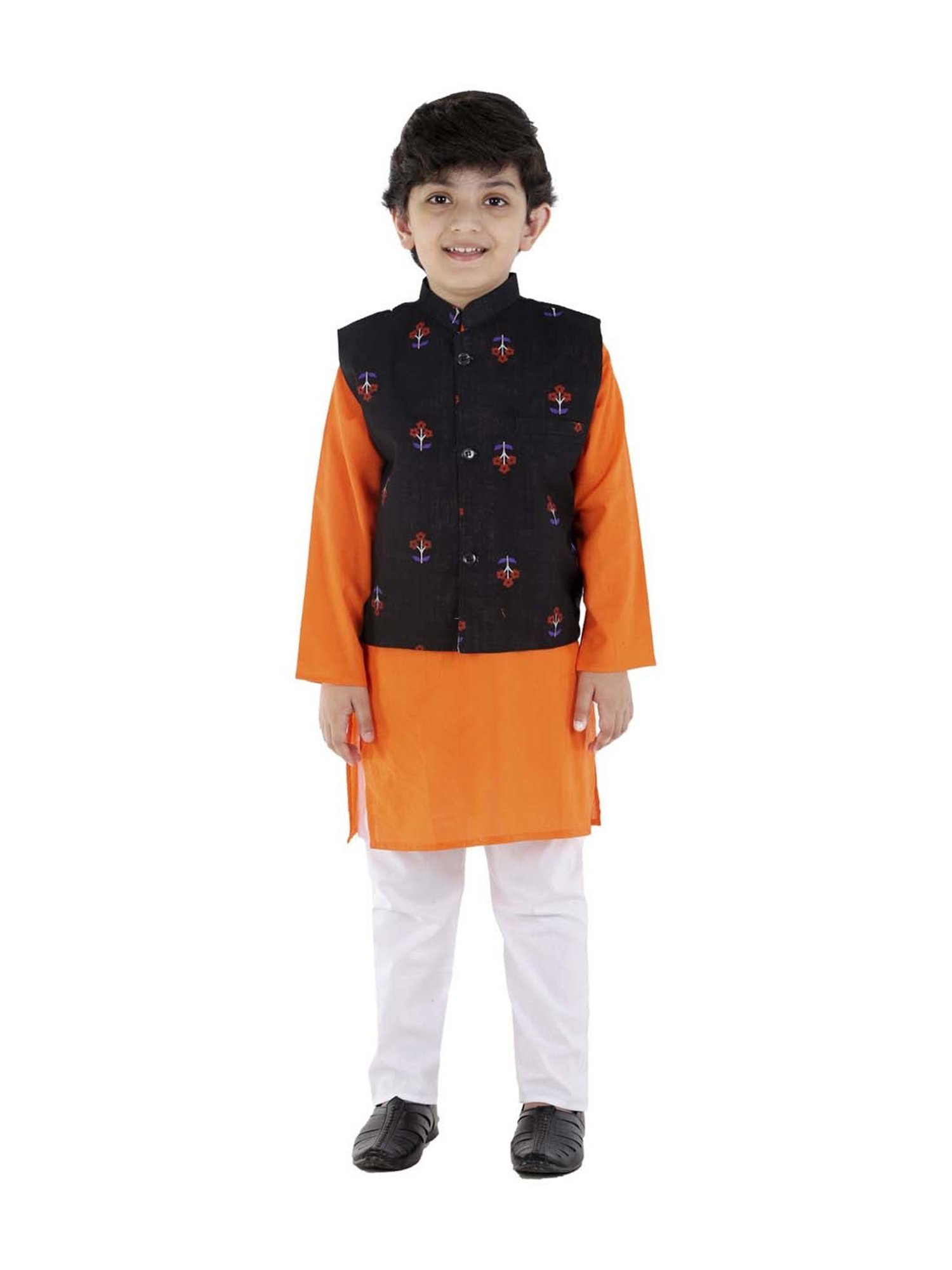 Ahhaaaa Kids Blue & Orange Cotton Floral Print Kurta Set