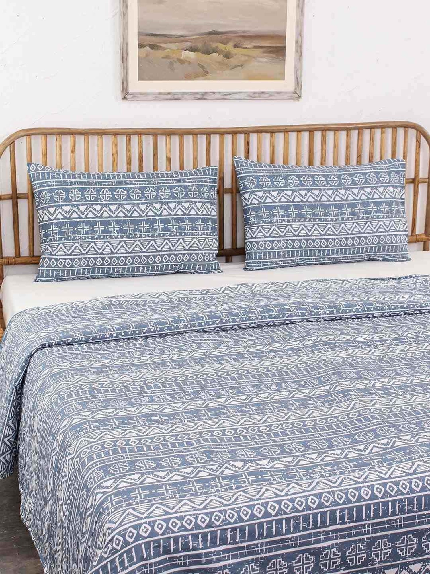 House This Kullu Patti Blue 150 TC Cotton Double Bedsheet Set